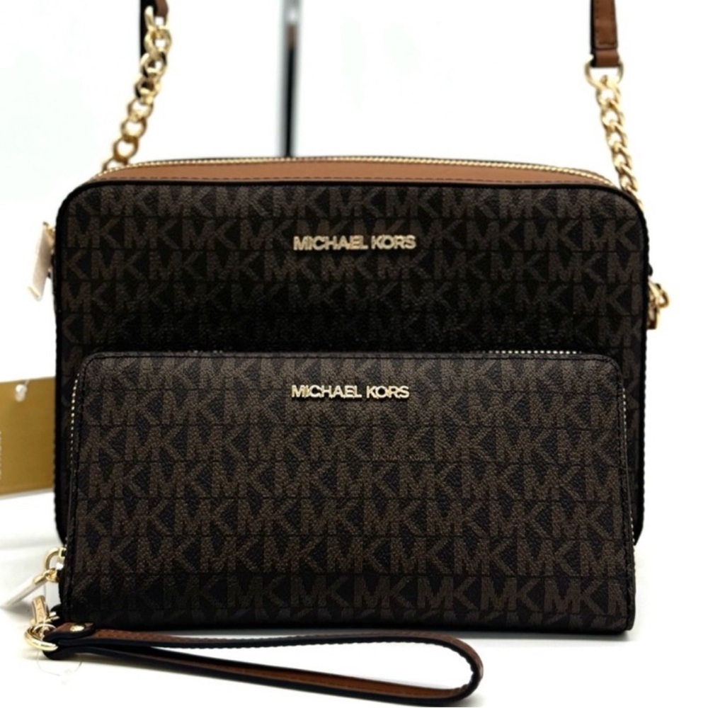 Michael Kors Large EW Crossbody Bag w Matching Continental Wallet Set Brown/Gold